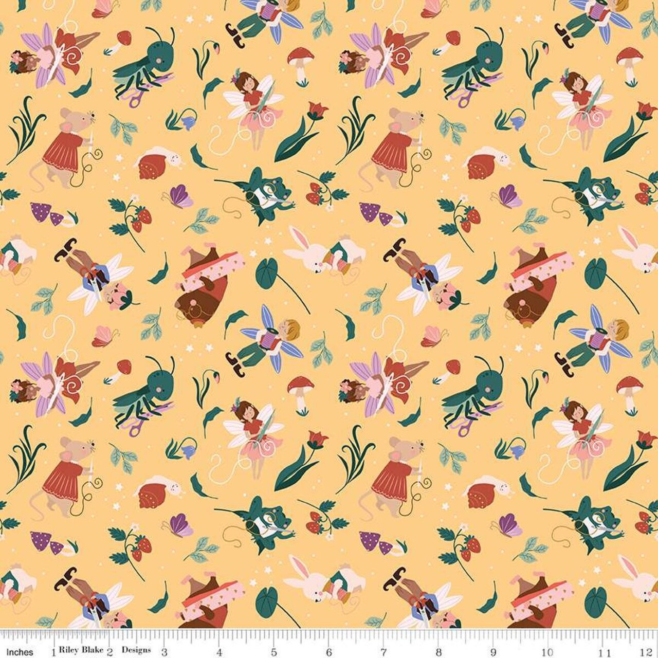 Fabric Riley Blake Honey Sewing Fairies Thimbelina & the Sewing Fairies by the Quarter Yard CD16861-HONEY